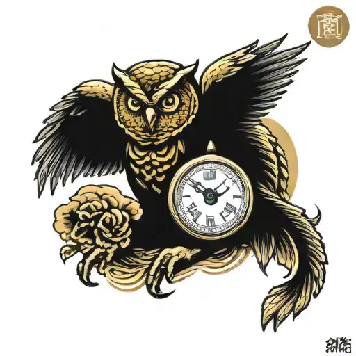 Golden Owl Holding A Clock