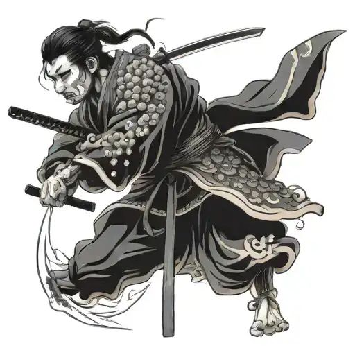 A Samurai Warrior Wielding A Katana Black Ink Only