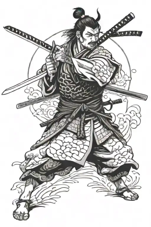 A Samurai Warrior Wielding A Katana Black Ink Only