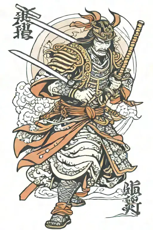 A Samurai General Wielding A Katana In Hia Armor Black Ink Only