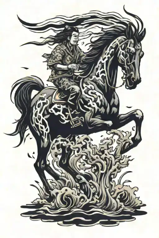 Black Stallion Running Through Dead Corpses Including Metal Font Text Of Death