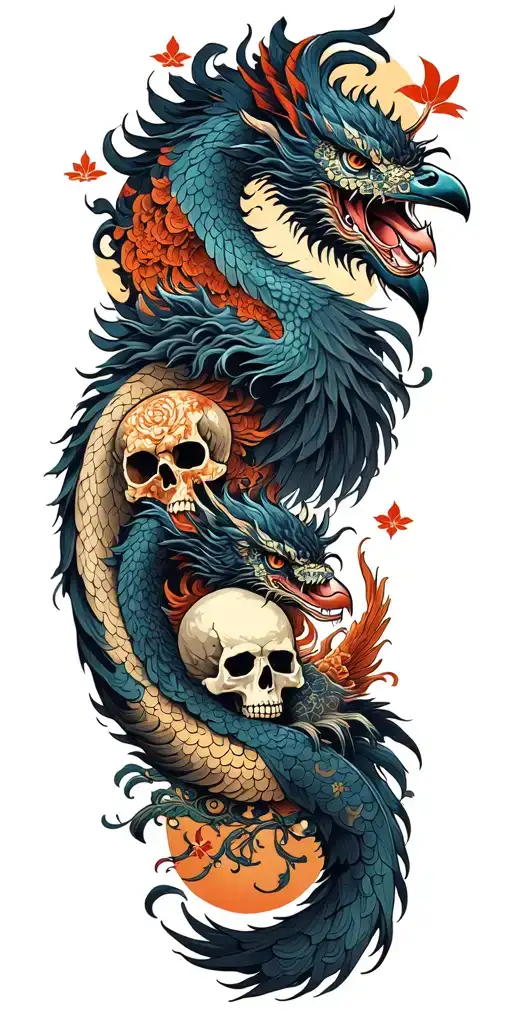 Chinese Dragon And Phoenix And Skull And Moon And Raven