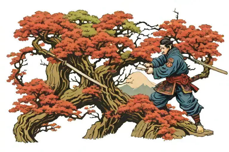 Japanese Nature With Trees Where Samurai Hold The Katana
