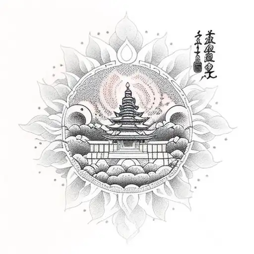 Buddha Temple Cherry Tree Nature Sun Moon