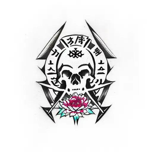 Cross Of The Templars Whit Dog's Skull And Pink Flower Of May