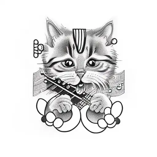 A Blackwork Tattoo Of A Cat Playing A Musical Instrument While Wearing Fashionable Clothes