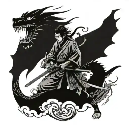 Samurai And Dragon In Black And White Drawing