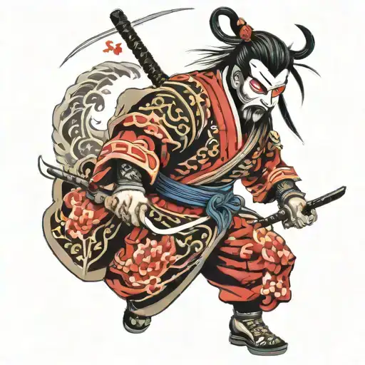 Full-length Samurai In A Hanya Mask With Two Swords