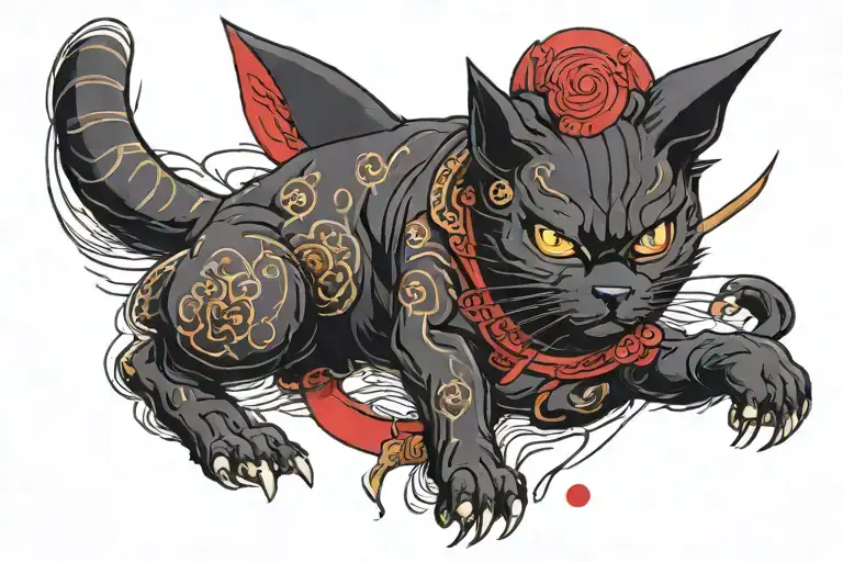 A Black Samurai Cat Whit Red Eyees Committing Harakiri