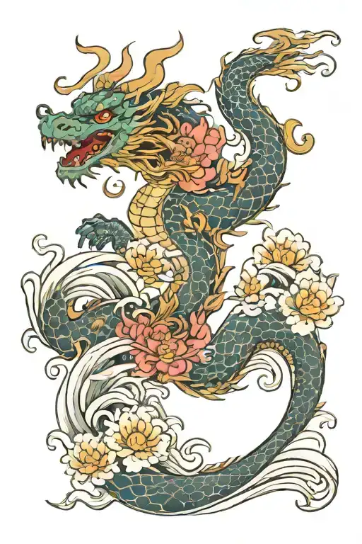 Dragon With Flowers And Waves