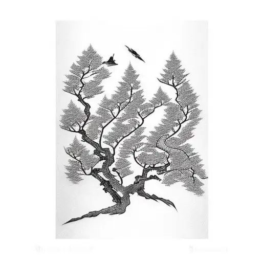 A Stylized Black And Grey Tattoo Of A Willow Tree