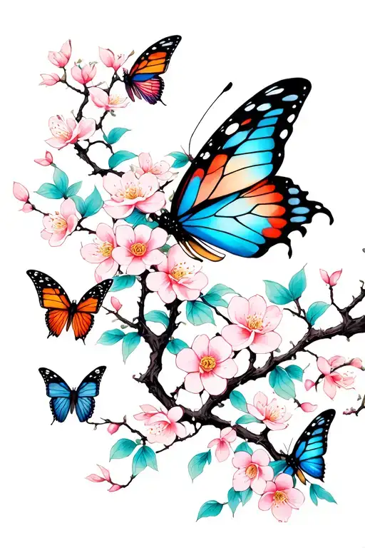 Butterflys And Chery Blossom Tree