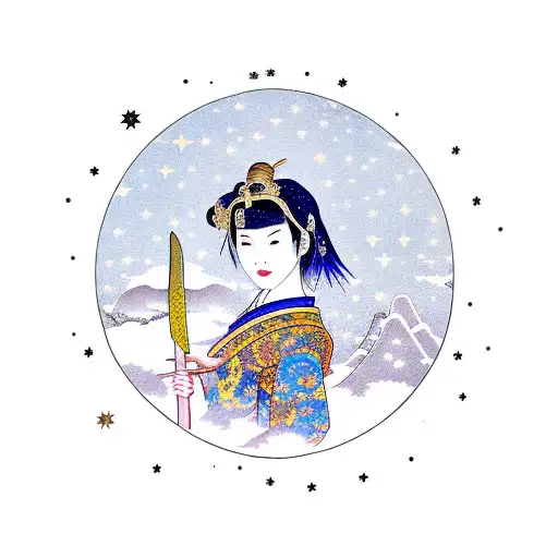 Outline Of A Girl With A Sword In Front Of An Archway Of A Starry Night