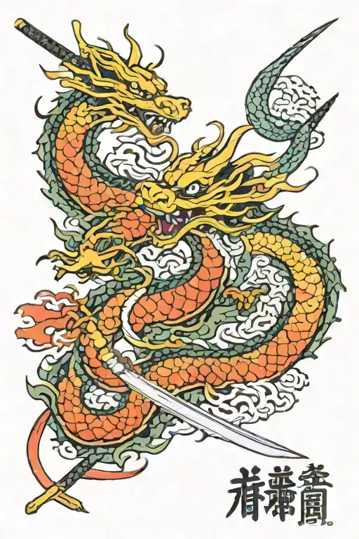 Katana Dragon And Japanese Writings
