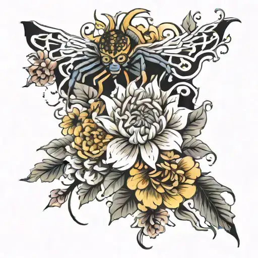 Irezumi Style Forearm With Spider Lillie's And Chrysanthemum