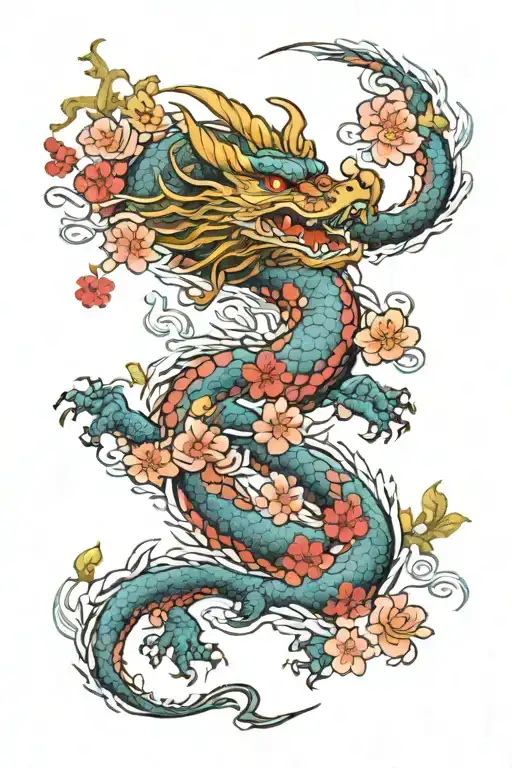 Dragon In Sakura Flowers Colorful But Not Very