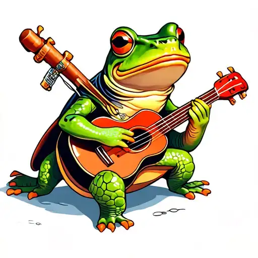 Red Ear Slider Turtle And Green Frog Playing Ukulele