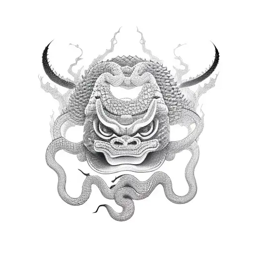 Oni Mask Hugged By Snake And Katana