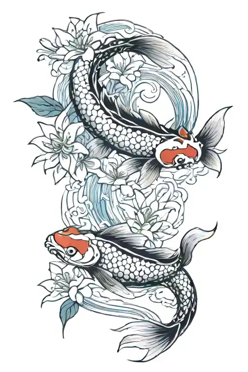 Koi Fish Swimming Through Spider Lilies
