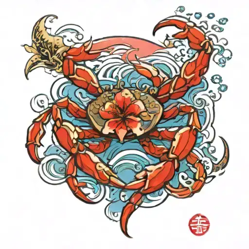 Crab As A Cancer With Red Spider Lilly Flower With Sea Waves And A Half Moon On Above