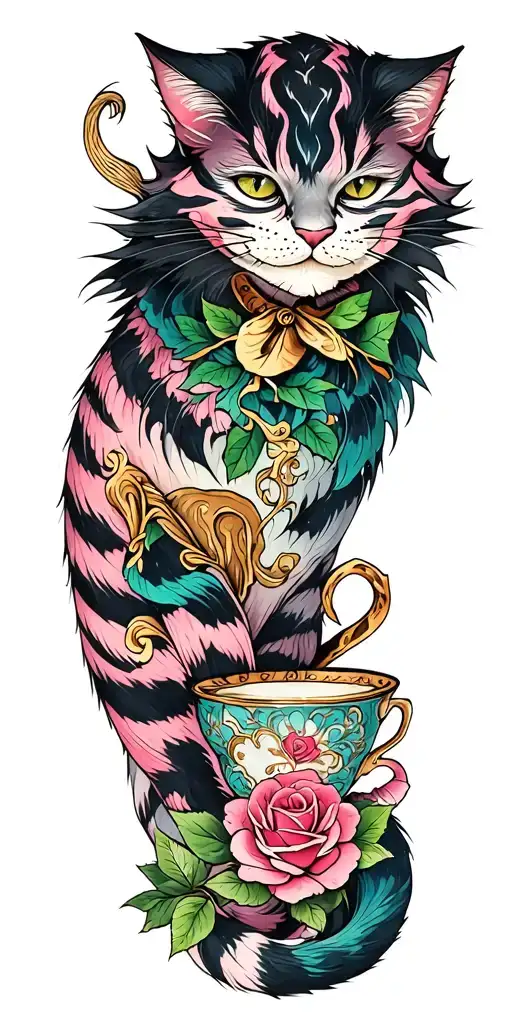 Cheshire Cat With Tail Intertwined With Tea Cup And Rose