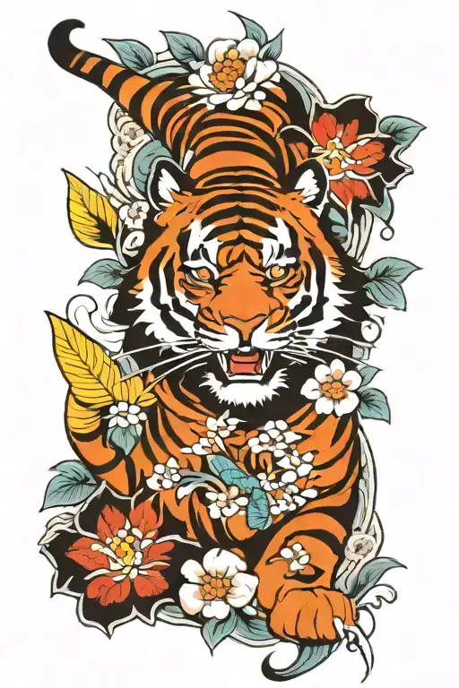 Tiger And Fish And Flowers Blooming