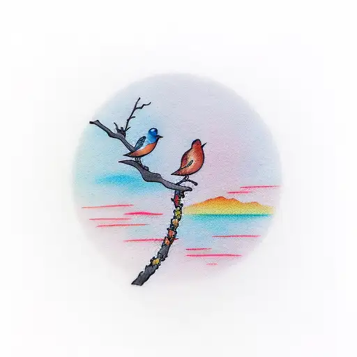 Bird On Branch With Horizon Background With Color Details