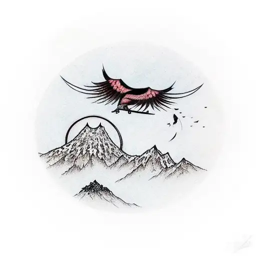 Bird On Branch With Mountains Background With Color Details
