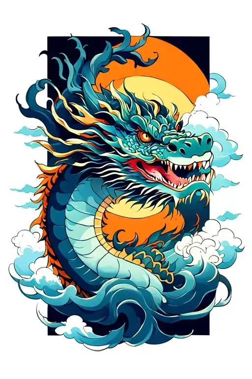 Sun Symbol And Clouds Forming The Shape Dragon Emerging