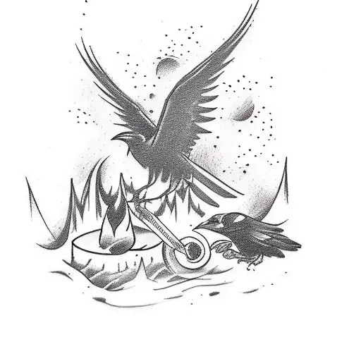 A Sketch Style Tattoo Of A Scout Camping With A Crow
