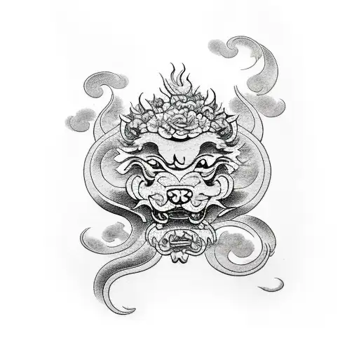 Foo Dog With Flowers And Waves