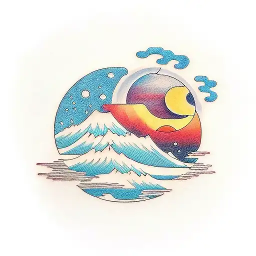 Mountains With Sun And Moon And Cloud And Waves