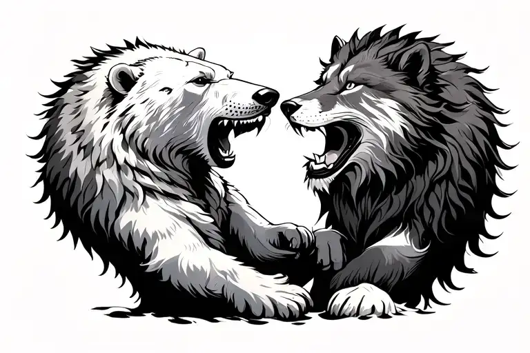 Polar Bear Fighting A Lion And A Wolf