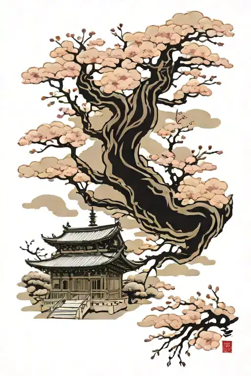 Clouds And Temple Cherry Blossom Tree