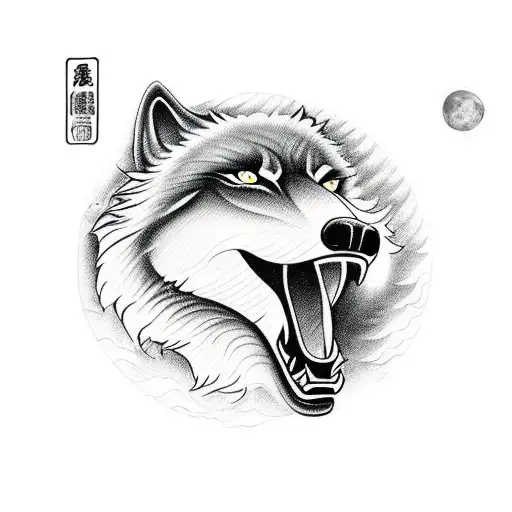 A Fierce Wolf Howling At A Volleyball Like At A Moon Blackwork Style