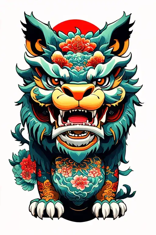 Komainu With Japense Temple Surrounded In Background