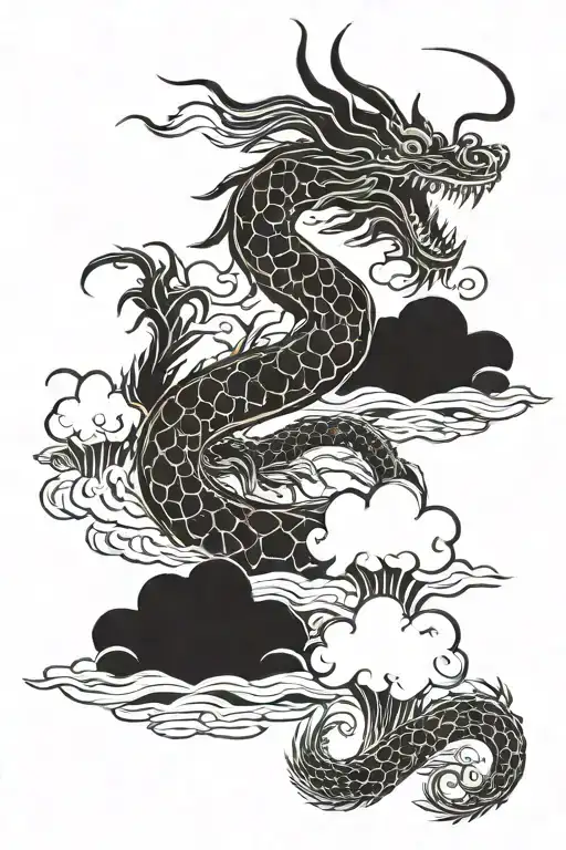 A Dragon Flying From The Sea Through The Clouds To The Sun