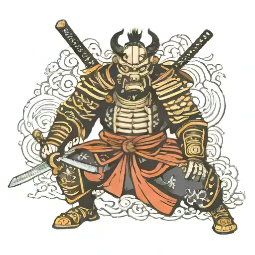 Samurai In Armor With A Katana Wearing A Waist-deep Demon Mask With A Demon Below