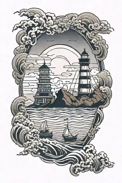 Ship And Lighthouse And Sea