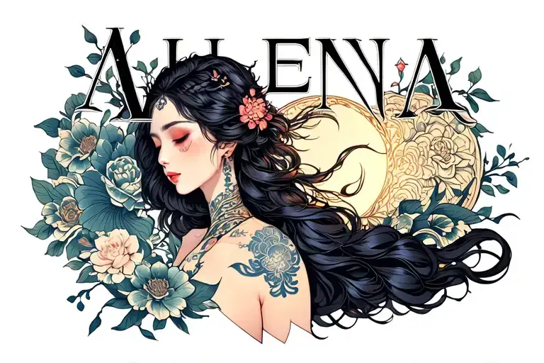 The Name Alena Above Woman's Collarbone And The Name Alena Represented As A Light