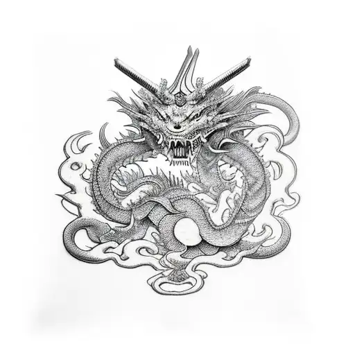 Surrealist Samurai Fighting Dragon