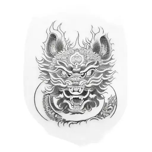 Chinese Landscape Foo Dog Black White Red Sleeve