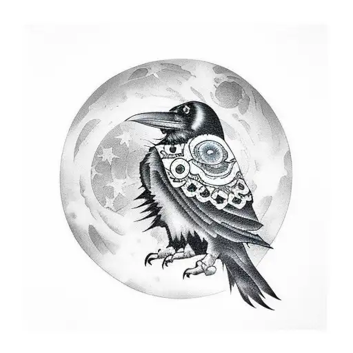 Raven With Full Red Moon Behind