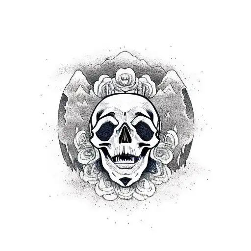 Skull Wearing A Bear Head Red Northern Lights Background With Dead Trees And Mountains