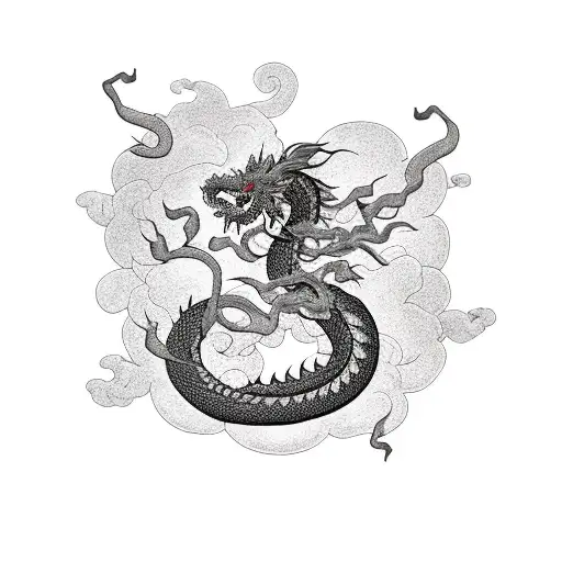 A Black And Grey Tattoo Of A Japanese Dragon Intertwined With Peony Flower High In Sky