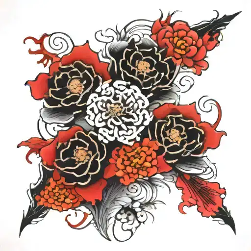 Black And Red Japanese Flowers In Japanese Style Sleeve Bright Colors Black Stains