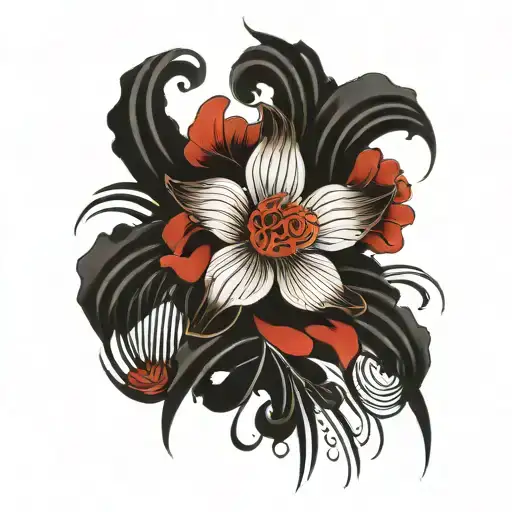 Red Flowers Sleeve Overlap Black Streaks Stripes