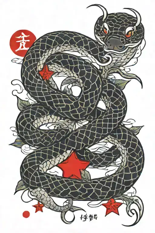 Snake Wrapped Around Three Large Red Stars