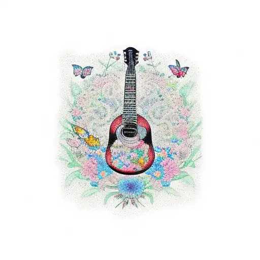 A Guitar With Braided Strings Surrounded By Flowers And Butterflies