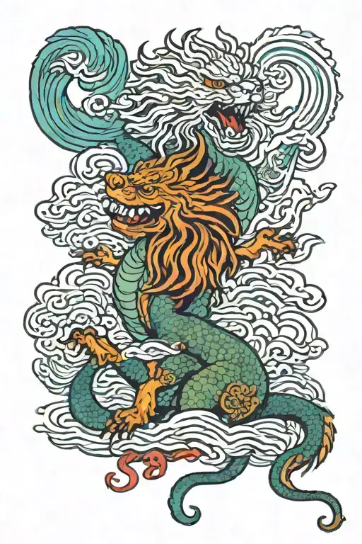Lion Vs Dragon Colorful With Just Two Colors Sea Waves